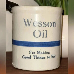 Vintage Wesson Oil crock kitchen utensil storage holder stoneware